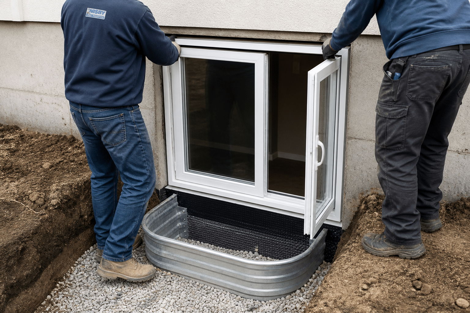 Nisby workers installing a basement egress window and window well